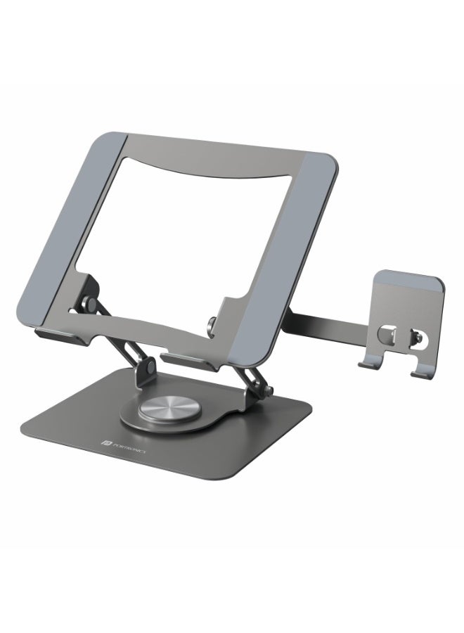 بورترونيكس Portronics My Buddy K9 Pro 2-in-1 Laptop & Phone Stand with 360° Rotating Base, Adjustable Height & Angle, Foldable Metal Design, Heat Dissipation, Universal Fit for 10–15.6” Laptops - Image 1